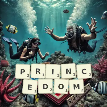 Creative illustration for a Scrabble game with the word PRINCEDOM spelled out in tiles on the board.