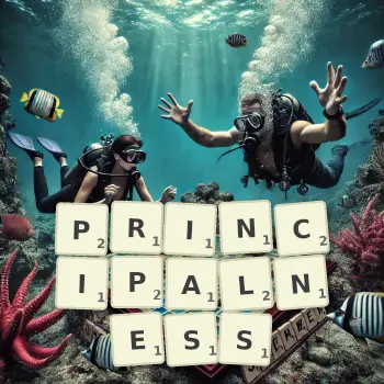 Creative illustration for a Scrabble game with the word PRINCIPALNESS spelled out in tiles on the board.