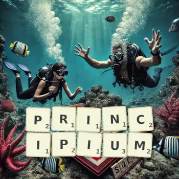 Creative illustration for a Scrabble game with the word PRINCIPIUM spelled out in tiles on the board.
