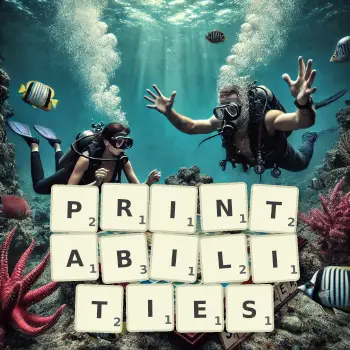 Creative illustration for a Scrabble game with the word PRINTABILITIES spelled out in tiles on the board.
