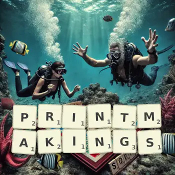Creative illustration for a Scrabble game with the word PRINTMAKINGS spelled out in tiles on the board.