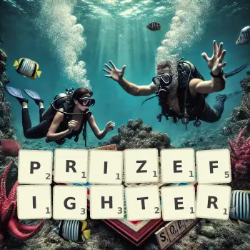 Creative illustration for a Scrabble game with the word PRIZEFIGHTER spelled out in tiles on the board.
