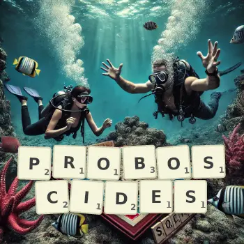 Creative illustration for a Scrabble game with the word PROBOSCIDES spelled out in tiles on the board.