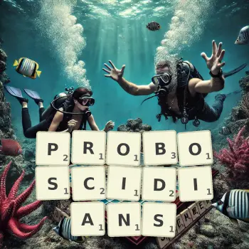 Creative illustration for a Scrabble game with the word PROBOSCIDIANS spelled out in tiles on the board.