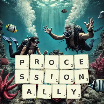 Creative illustration for a Scrabble game with the word PROCESSIONALLY spelled out in tiles on the board.