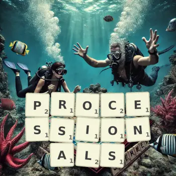 Creative illustration for a Scrabble game with the word PROCESSIONALS spelled out in tiles on the board.
