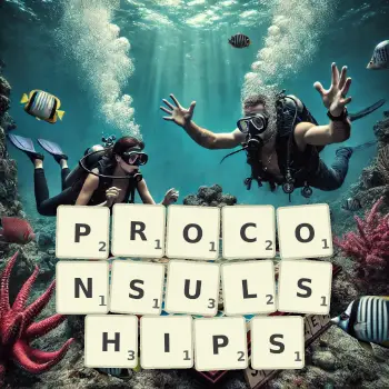 Creative illustration for a Scrabble game with the word PROCONSULSHIPS spelled out in tiles on the board.