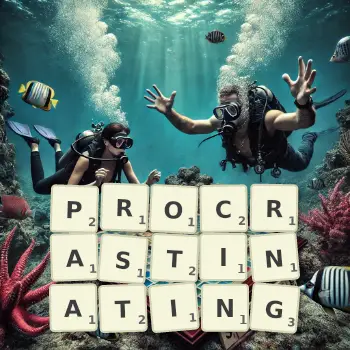 Creative illustration for a Scrabble game with the word PROCRASTINATING spelled out in tiles on the board.