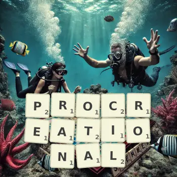 Creative illustration for a Scrabble game with the word PROCREATIONAL spelled out in tiles on the board.