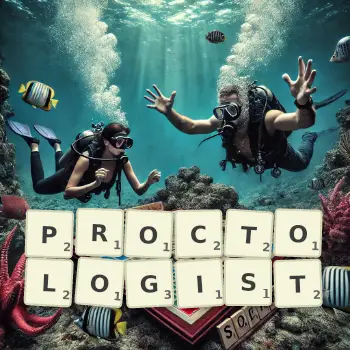 Creative illustration for a Scrabble game with the word PROCTOLOGIST spelled out in tiles on the board.