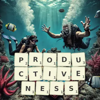 Creative illustration for a Scrabble game with the word PRODUCTIVENESS spelled out in tiles on the board.