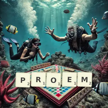 Creative illustration for a Scrabble game with the word PROEM spelled out in tiles on the board.