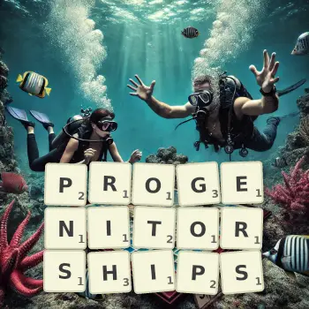 Creative illustration for a Scrabble game with the word PROGENITORSHIPS spelled out in tiles on the board.