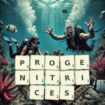 Creative illustration for a Scrabble game with the word PROGENITRICES spelled out in tiles on the board.