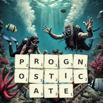 Creative illustration for a Scrabble game with the word PROGNOSTICATE spelled out in tiles on the board.