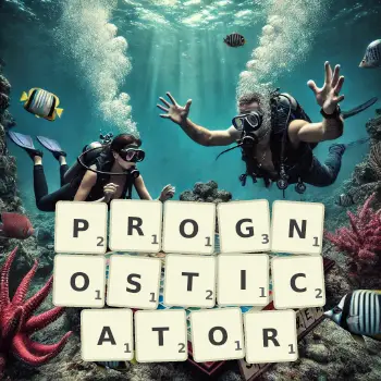 Creative illustration for a Scrabble game with the word PROGNOSTICATOR spelled out in tiles on the board.