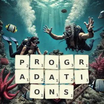 Creative illustration for a Scrabble game with the word PROGRADATIONS spelled out in tiles on the board.