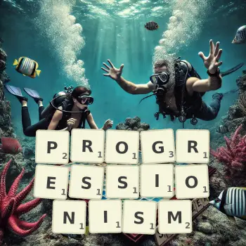 Creative illustration for a Scrabble game with the word PROGRESSIONISM spelled out in tiles on the board.