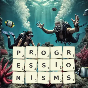 Creative illustration for a Scrabble game with the word PROGRESSIONISMS spelled out in tiles on the board.