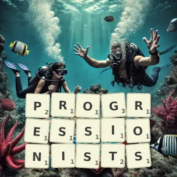 Creative illustration for a Scrabble game with the word PROGRESSIONISTS spelled out in tiles on the board.