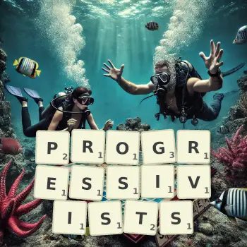 Creative illustration for a Scrabble game with the word PROGRESSIVISTS spelled out in tiles on the board.