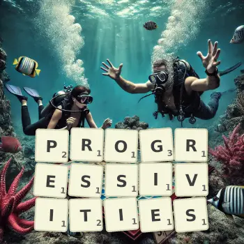 Creative illustration for a Scrabble game with the word PROGRESSIVITIES spelled out in tiles on the board.