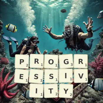 Creative illustration for a Scrabble game with the word PROGRESSIVITY spelled out in tiles on the board.