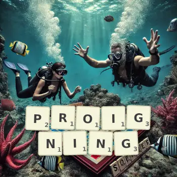 Creative illustration for a Scrabble game with the word PROIGNING spelled out in tiles on the board.