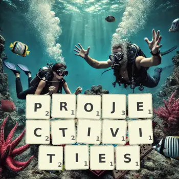 Creative illustration for a Scrabble game with the word PROJECTIVITIES spelled out in tiles on the board.