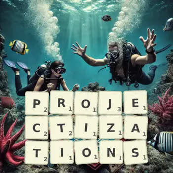 Creative illustration for a Scrabble game with the word PROJECTIZATIONS spelled out in tiles on the board.