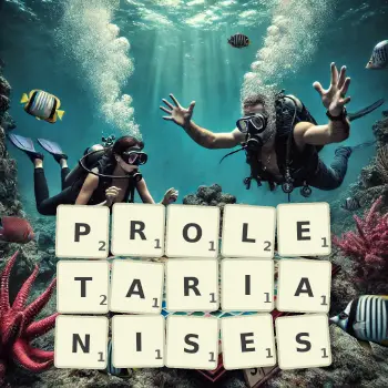 Creative illustration for a Scrabble game with the word PROLETARIANISES spelled out in tiles on the board.