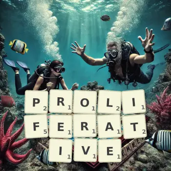 Creative illustration for a Scrabble game with the word PROLIFERATIVE spelled out in tiles on the board.