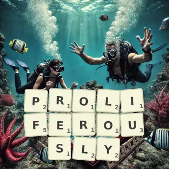Creative illustration for a Scrabble game with the word PROLIFEROUSLY spelled out in tiles on the board.