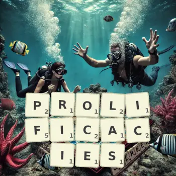 Creative illustration for a Scrabble game with the word PROLIFICACIES spelled out in tiles on the board.