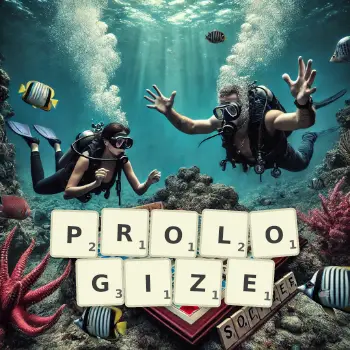 Creative illustration for a Scrabble game with the word PROLOGIZE spelled out in tiles on the board.