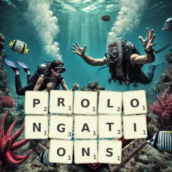 Creative illustration for a Scrabble game with the word PROLONGATIONS spelled out in tiles on the board.