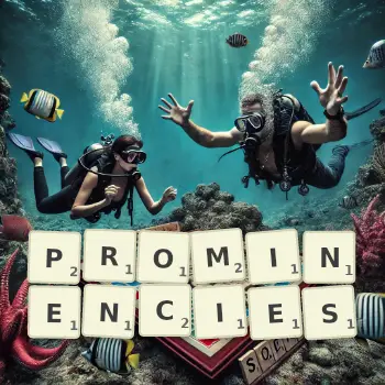 Creative illustration for a Scrabble game with the word PROMINENCIES spelled out in tiles on the board.