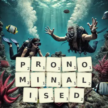 Creative illustration for a Scrabble game with the word PRONOMINALISED spelled out in tiles on the board.