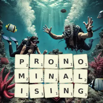 Creative illustration for a Scrabble game with the word PRONOMINALISING spelled out in tiles on the board.