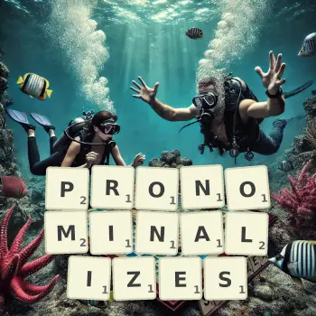 Creative illustration for a Scrabble game with the word PRONOMINALIZES spelled out in tiles on the board.