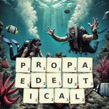 Creative illustration for a Scrabble game with the word PROPAEDEUTICAL spelled out in tiles on the board.