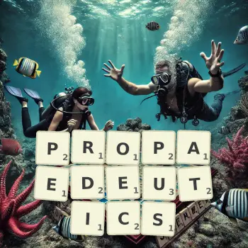 Creative illustration for a Scrabble game with the word PROPAEDEUTICS spelled out in tiles on the board.