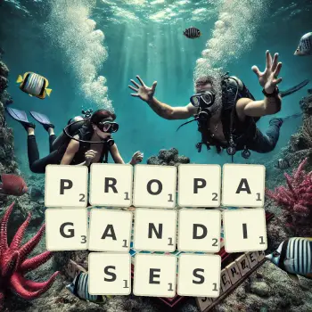 Creative illustration for a Scrabble game with the word PROPAGANDISES spelled out in tiles on the board.