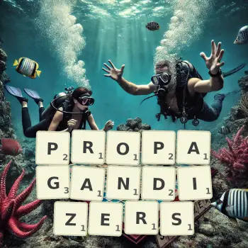 Creative illustration for a Scrabble game with the word PROPAGANDIZERS spelled out in tiles on the board.