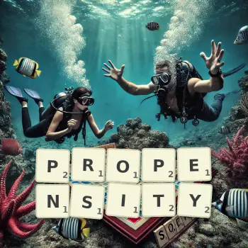 Creative illustration for a Scrabble game with the word PROPENSITY spelled out in tiles on the board.