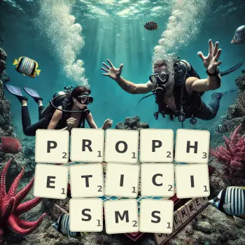 Creative illustration for a Scrabble game with the word PROPHETICISMS spelled out in tiles on the board.