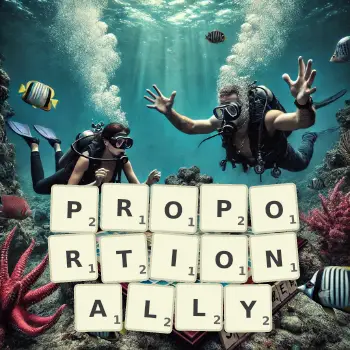 Creative illustration for a Scrabble game with the word PROPORTIONALLY spelled out in tiles on the board.