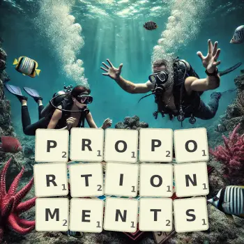 Creative illustration for a Scrabble game with the word PROPORTIONMENTS spelled out in tiles on the board.
