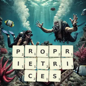 Creative illustration for a Scrabble game with the word PROPRIETRICES spelled out in tiles on the board.