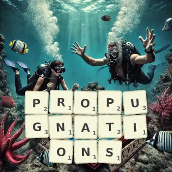 Creative illustration for a Scrabble game with the word PROPUGNATIONS spelled out in tiles on the board.